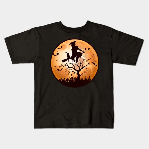 HALLOWEEN - Scary, Funny Witch & Cat On Broomstick - Full Moon - Bats Kids T-Shirt by Art Like Wow Designs